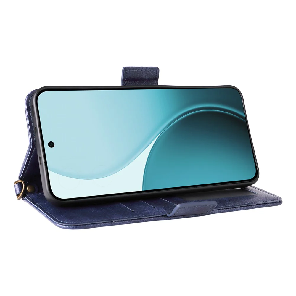 For Oppo Reno14 Pro 5G (Global) Leather Case Magnetic Closure Wallet Stand Phone Cover with Crossbody Strap - Blue - Image 3