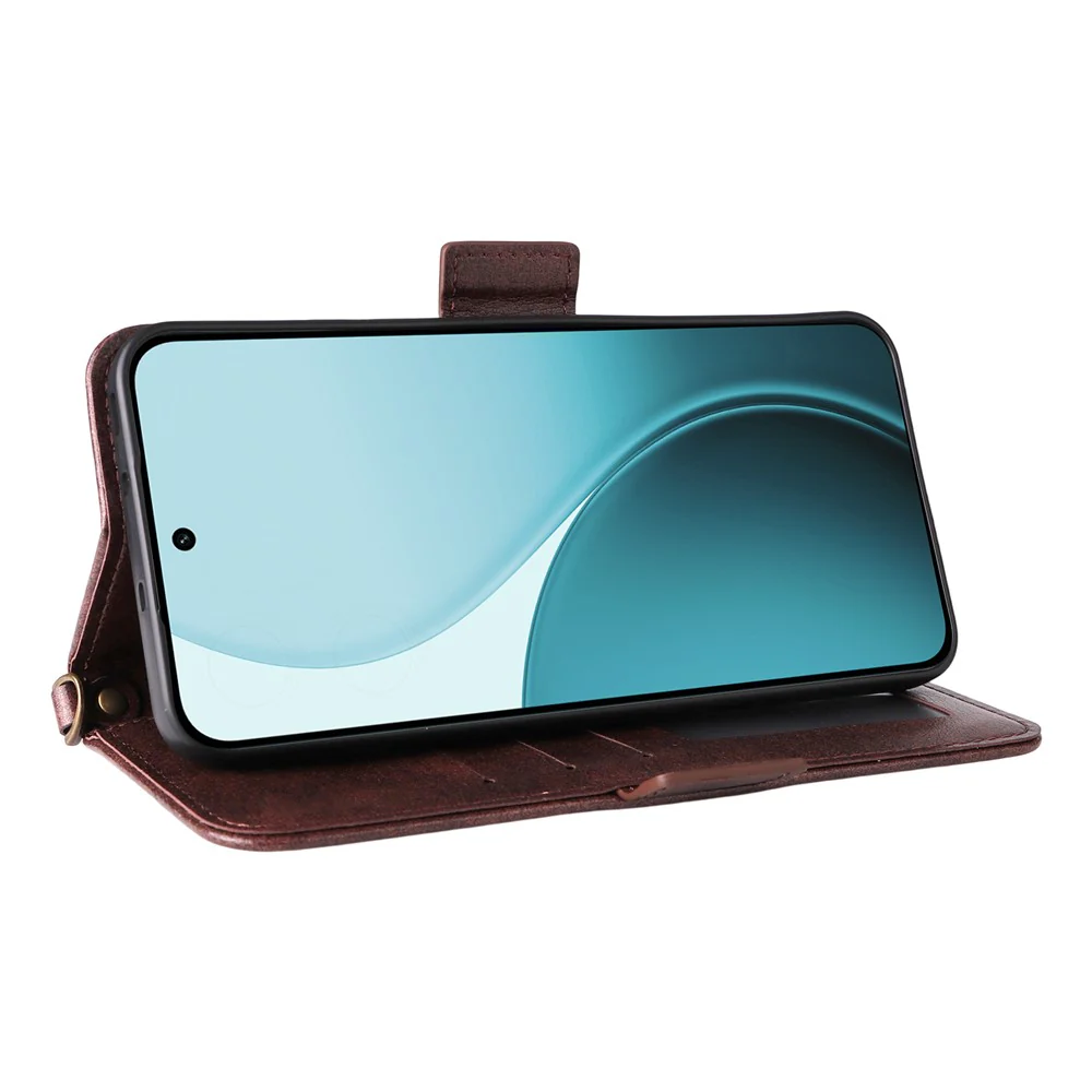 For Oppo Reno14 Pro 5G (Global) Leather Case Magnetic Closure Wallet Stand Phone Cover with Crossbody Strap - Brown - Image 3