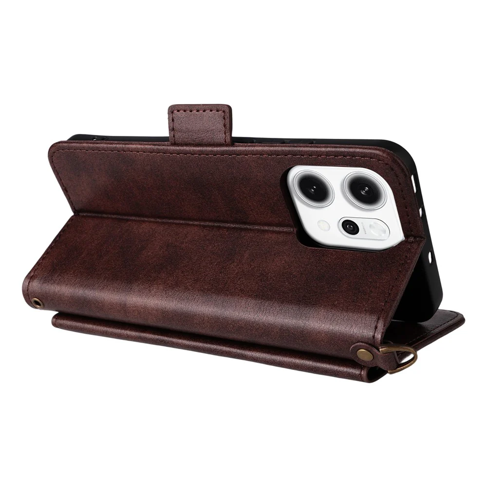 For Oppo Reno14 Pro 5G (Global) Leather Case Magnetic Closure Wallet Stand Phone Cover with Crossbody Strap - Brown - Image 4
