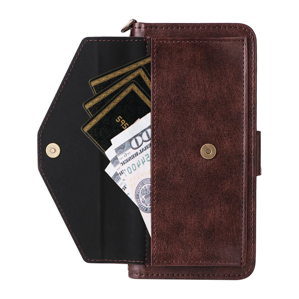 For Oppo Reno14 Pro 5G (Global) Leather Case Magnetic Closure Wallet Stand Phone Cover with Crossbody Strap - Brown - Image 6