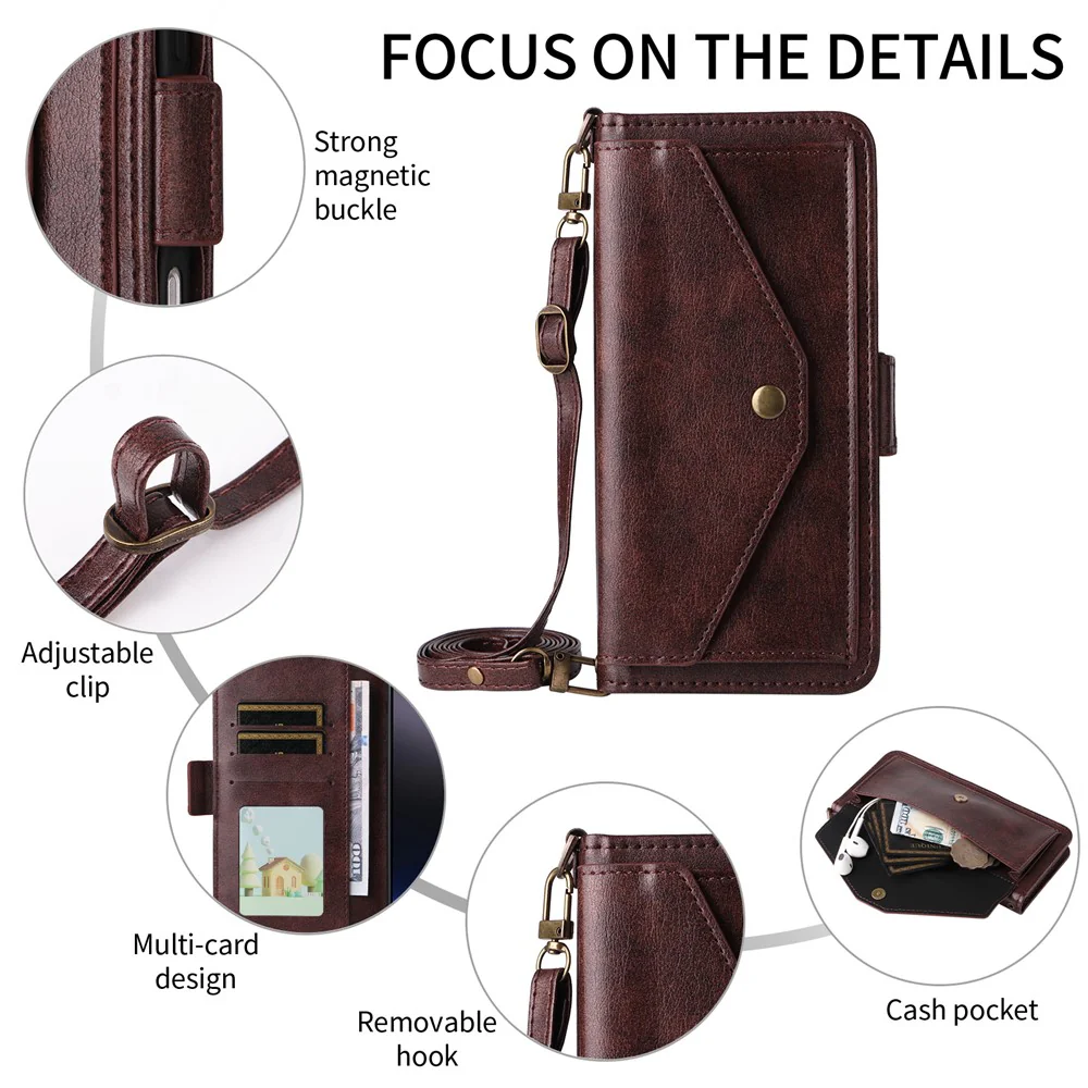 For Oppo Reno14 Pro 5G (Global) Leather Case Magnetic Closure Wallet Stand Phone Cover with Crossbody Strap - Brown - Image 7