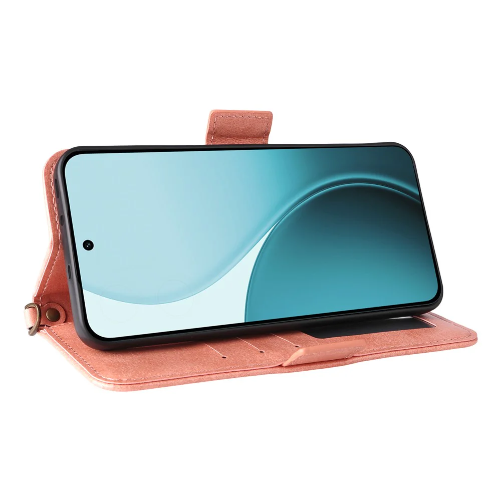 For Oppo Reno14 Pro 5G (Global) Leather Case Magnetic Closure Wallet Stand Phone Cover with Crossbody Strap - Pink - Image 3