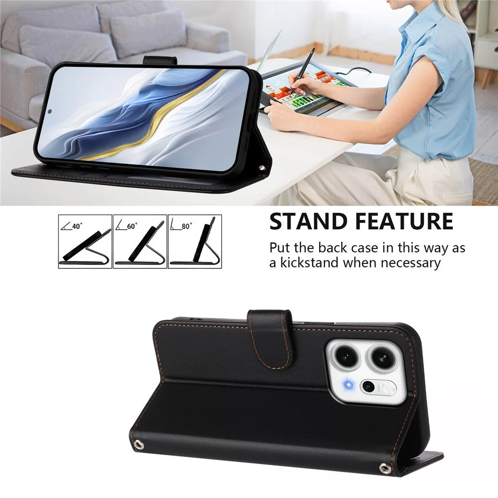 For Oppo Reno14 Pro 5G (Global) Leather Case Wallet Stand Phone Cover with Wrist Strap - Black - Image 4