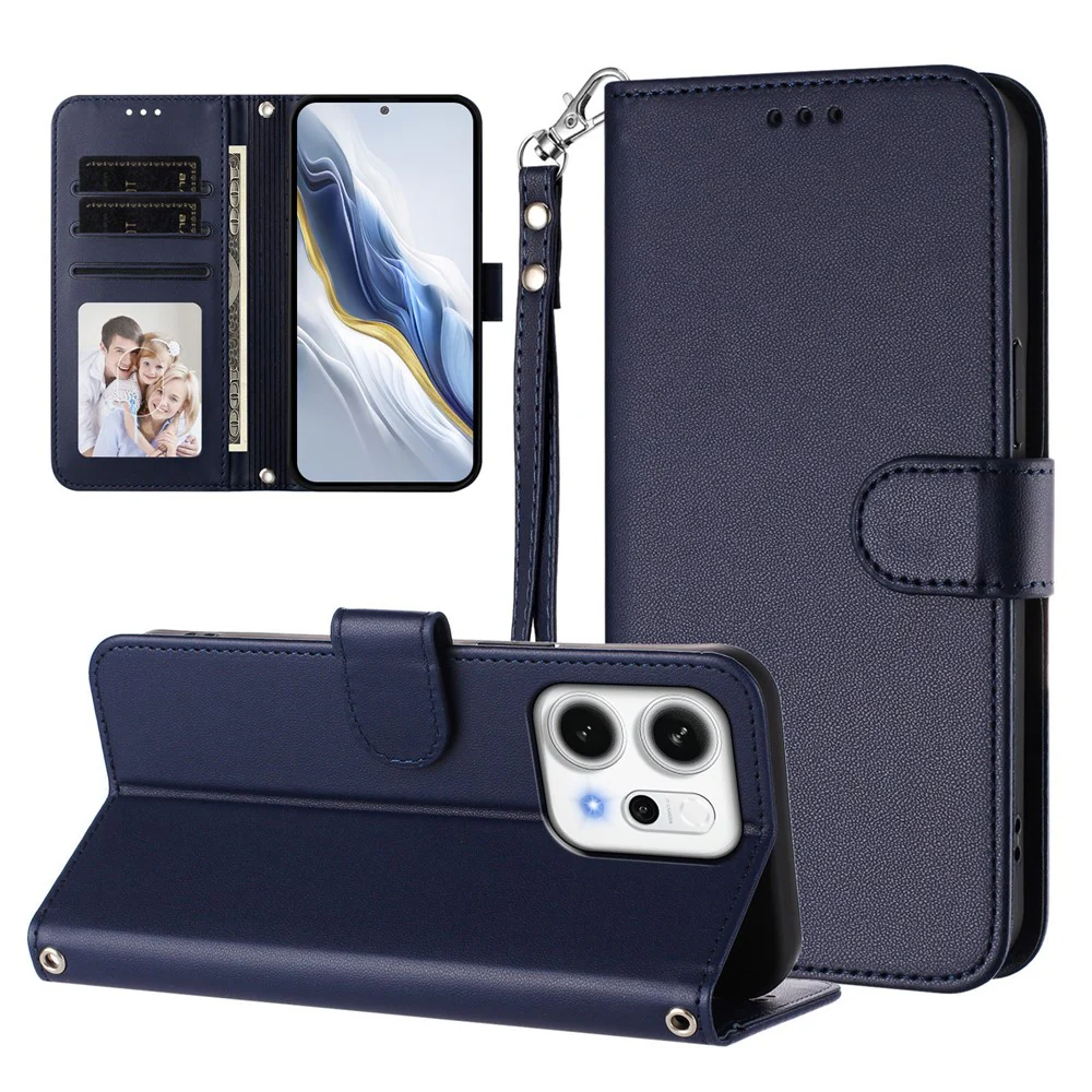For Oppo Reno14 Pro 5G (Global) Leather Case Wallet Stand Phone Cover with Wrist Strap - Blue - Image 3