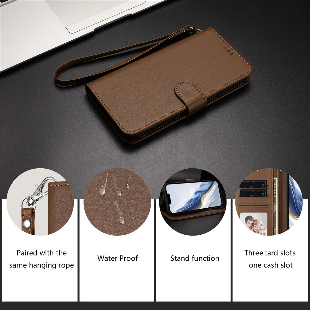 For Oppo Reno14 Pro 5G (Global) Leather Case Wallet Stand Phone Cover with Wrist Strap - Brown - Image 8