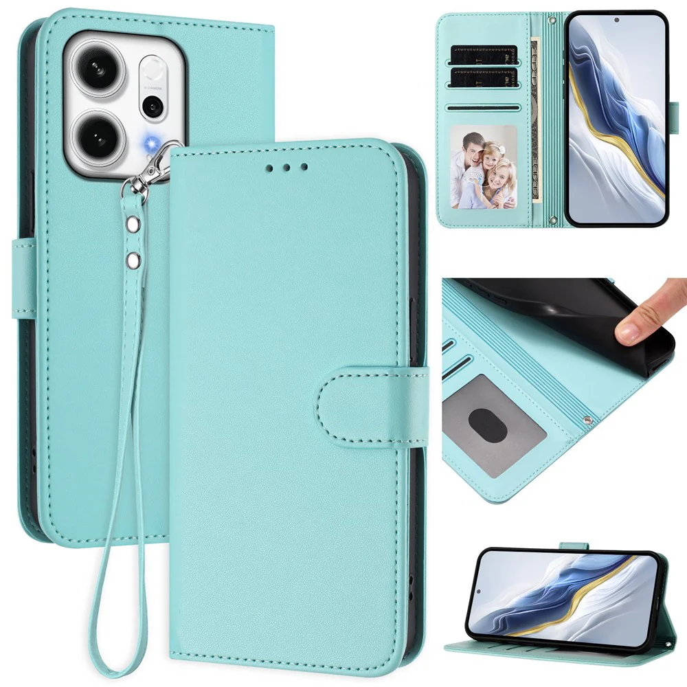 For Oppo Reno14 Pro 5G (Global) Leather Case Wallet Stand Phone Cover with Wrist Strap - Mint Green - Image 2
