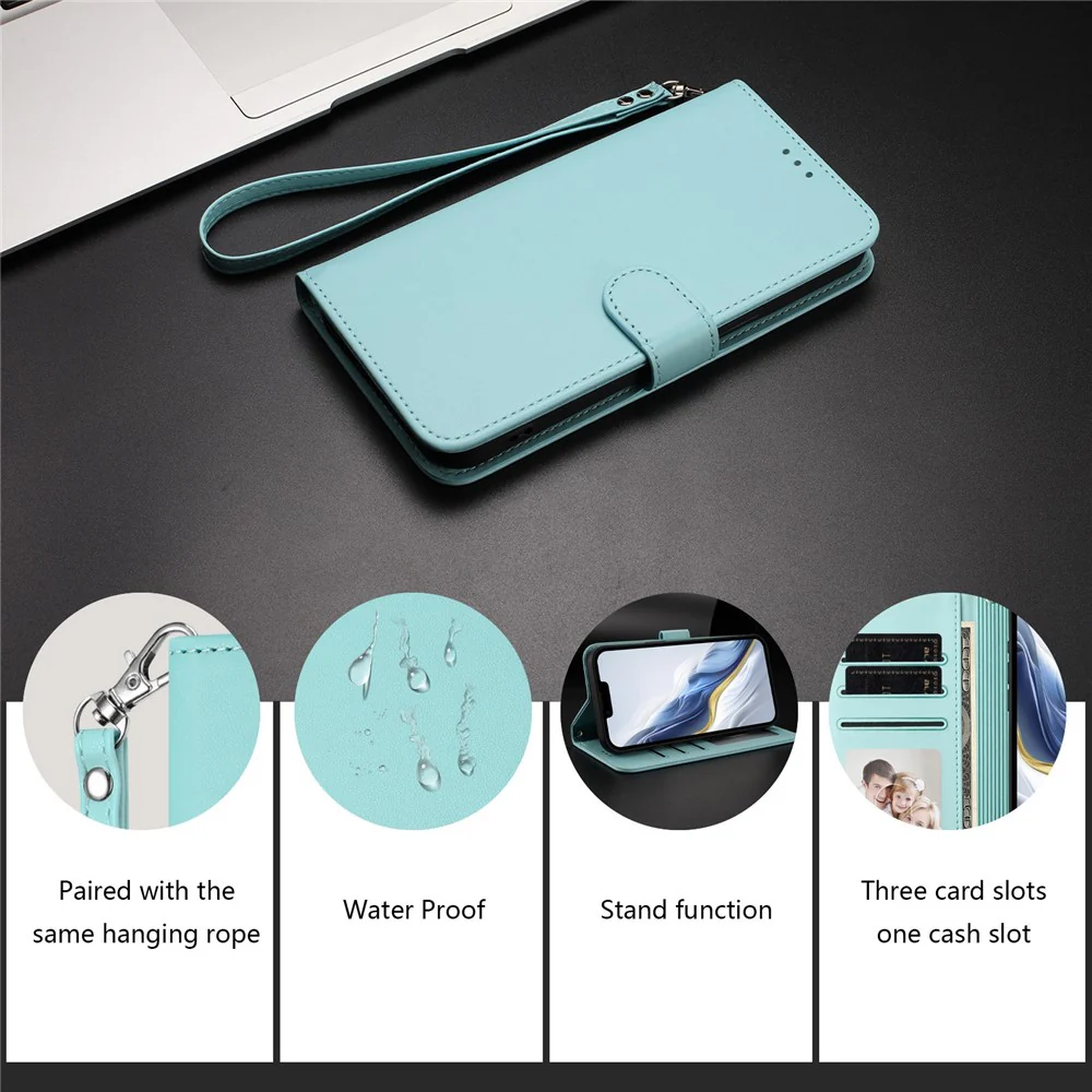 For Oppo Reno14 Pro 5G (Global) Leather Case Wallet Stand Phone Cover with Wrist Strap - Mint Green - Image 8