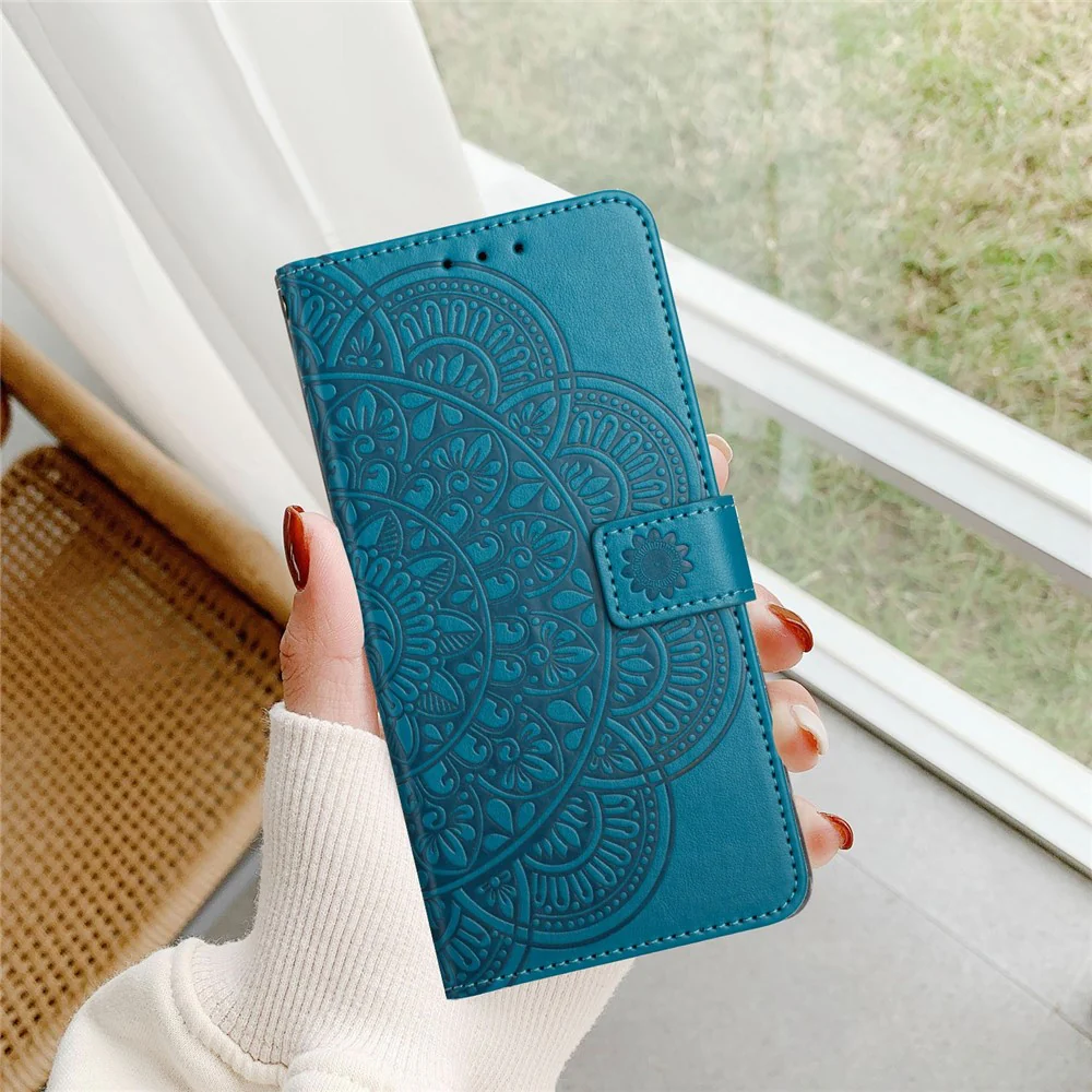 For Oppo Reno14 Pro 5G (Global) Leather Case with Card Slots Mandala Pattern Phone Cover Stand - Blue - Image 5