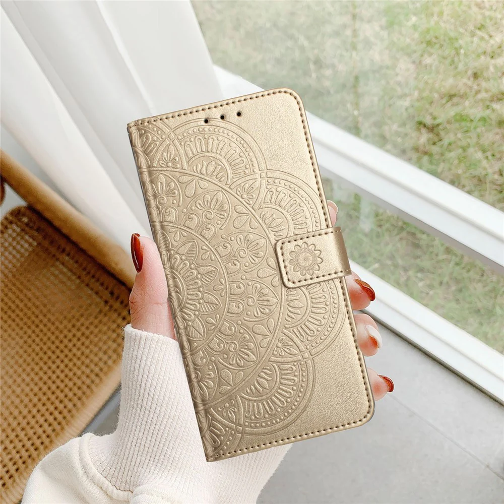 For Oppo Reno14 Pro 5G (Global) Leather Case with Card Slots Mandala Pattern Phone Cover Stand - Gold - Image 5