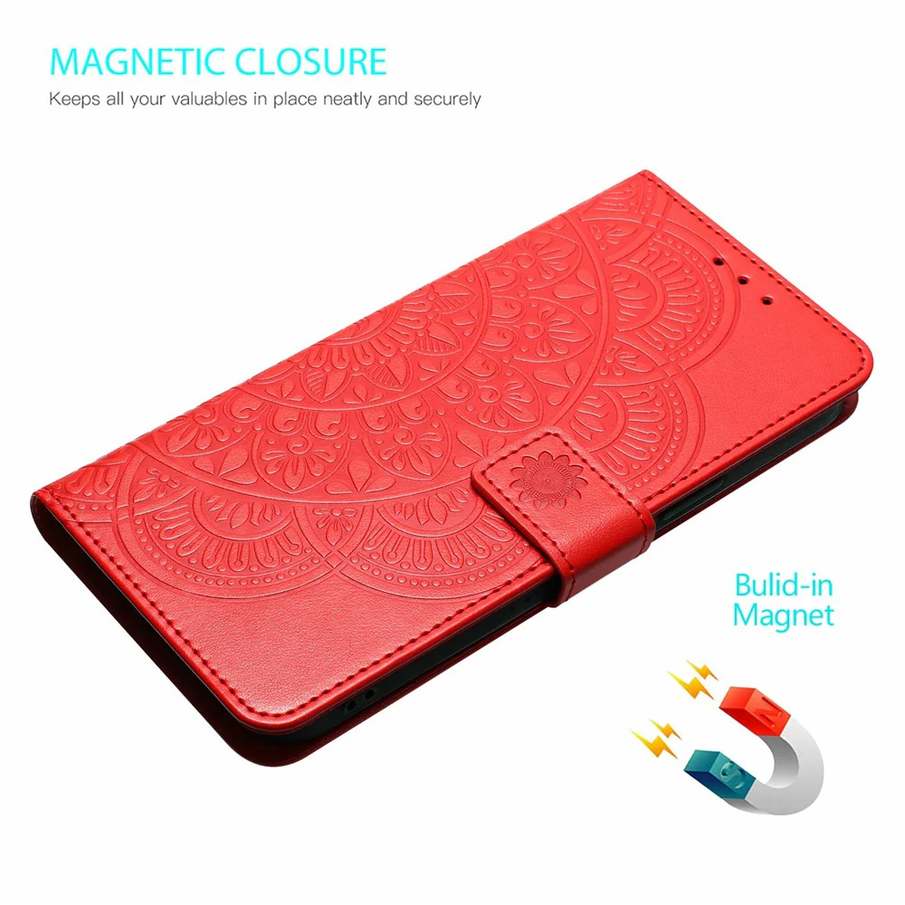 For Oppo Reno14 Pro 5G (Global) Leather Case with Card Slots Mandala Pattern Phone Cover Stand - Red - Image 4