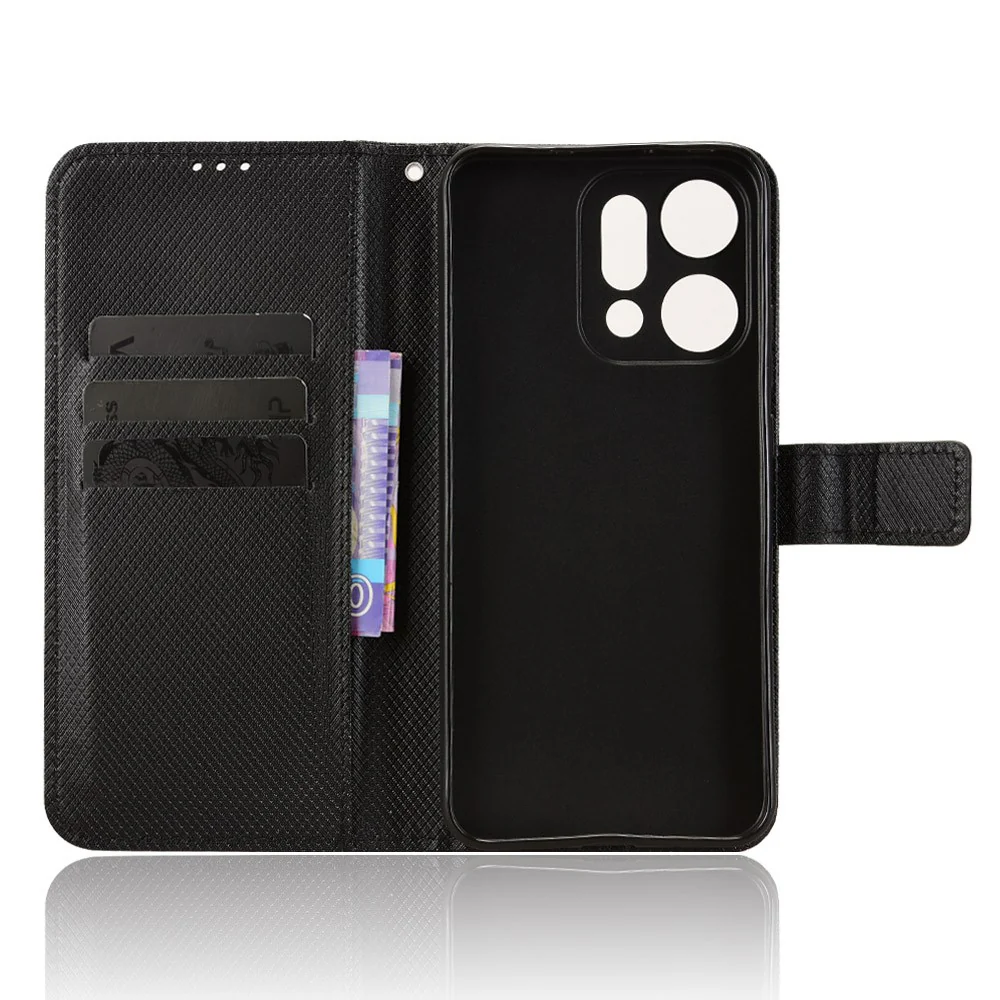 For Oppo Reno14 Pro 5G (Global) Leather Wallet Case with Strap Diamond Texture Phone Cover - Black - Image 5
