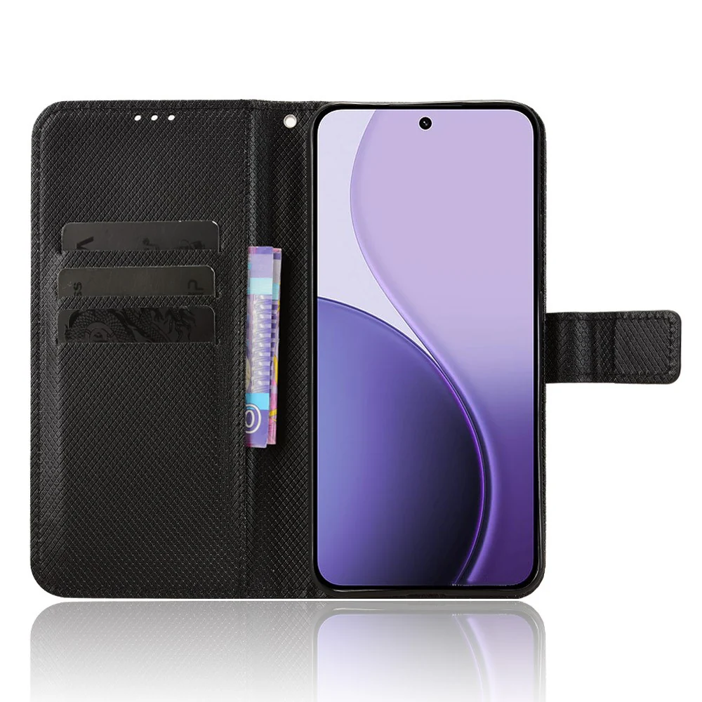 For Oppo Reno14 Pro 5G (Global) Leather Wallet Case with Strap Diamond Texture Phone Cover - Black - Image 6