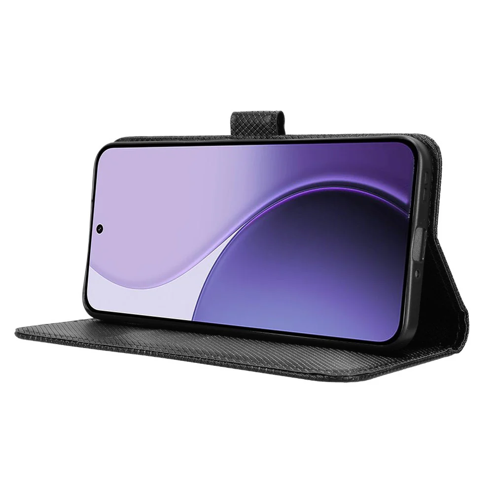 For Oppo Reno14 Pro 5G (Global) Leather Wallet Case with Strap Diamond Texture Phone Cover - Black - Image 7