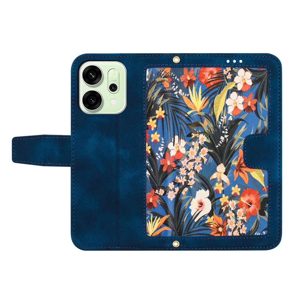 For Oppo Reno14 Pro 5G (Global) / Reno13 Pro 5G Case PU Leather Floral Phone Cover with Card Slots / Wrist Strap - Dark Blue - Image 5