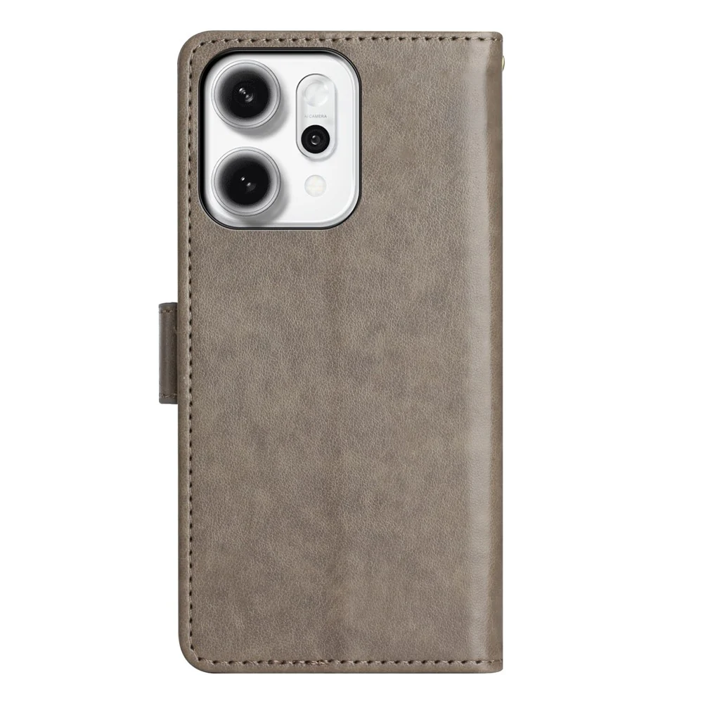 For Oppo Reno14 Pro 5G (Global) / Reno13 Pro 5G Leather Wallet Case Butterfly Flower Imprint Phone Cover with Strap - Grey - Image 8