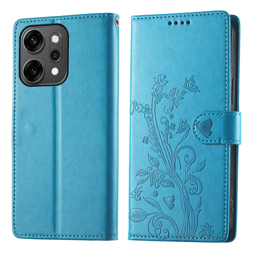 For Oppo Reno14 Pro 5G (Global) Wallet Case Butterfly Floral Imprint PU Leather Phone Cover with Wrist Strap - Blue