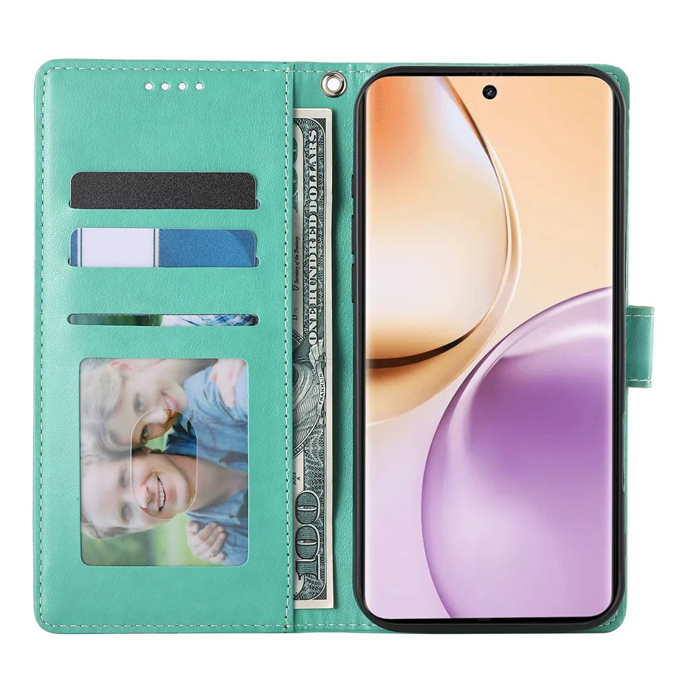 For Oppo Reno14 Pro 5G (Global) Wallet Case Butterfly Floral Imprint PU Leather Phone Cover with Wrist Strap - Green - Image 4