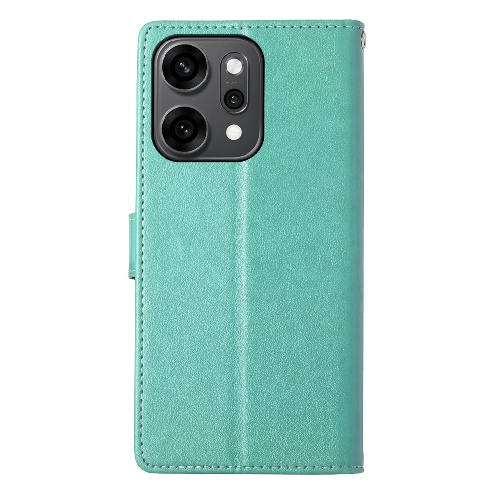 For Oppo Reno14 Pro 5G (Global) Wallet Case Butterfly Floral Imprint PU Leather Phone Cover with Wrist Strap - Green - Image 7