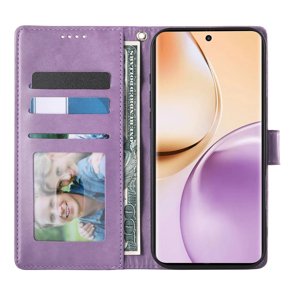 For Oppo Reno14 Pro 5G (Global) Wallet Case Butterfly Floral Imprint PU Leather Phone Cover with Wrist Strap - Purple - Image 4