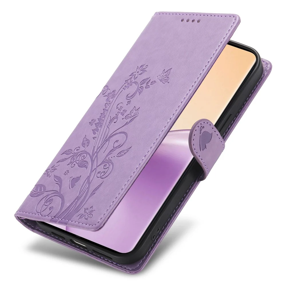 For Oppo Reno14 Pro 5G (Global) Wallet Case Butterfly Floral Imprint PU Leather Phone Cover with Wrist Strap - Purple - Image 5