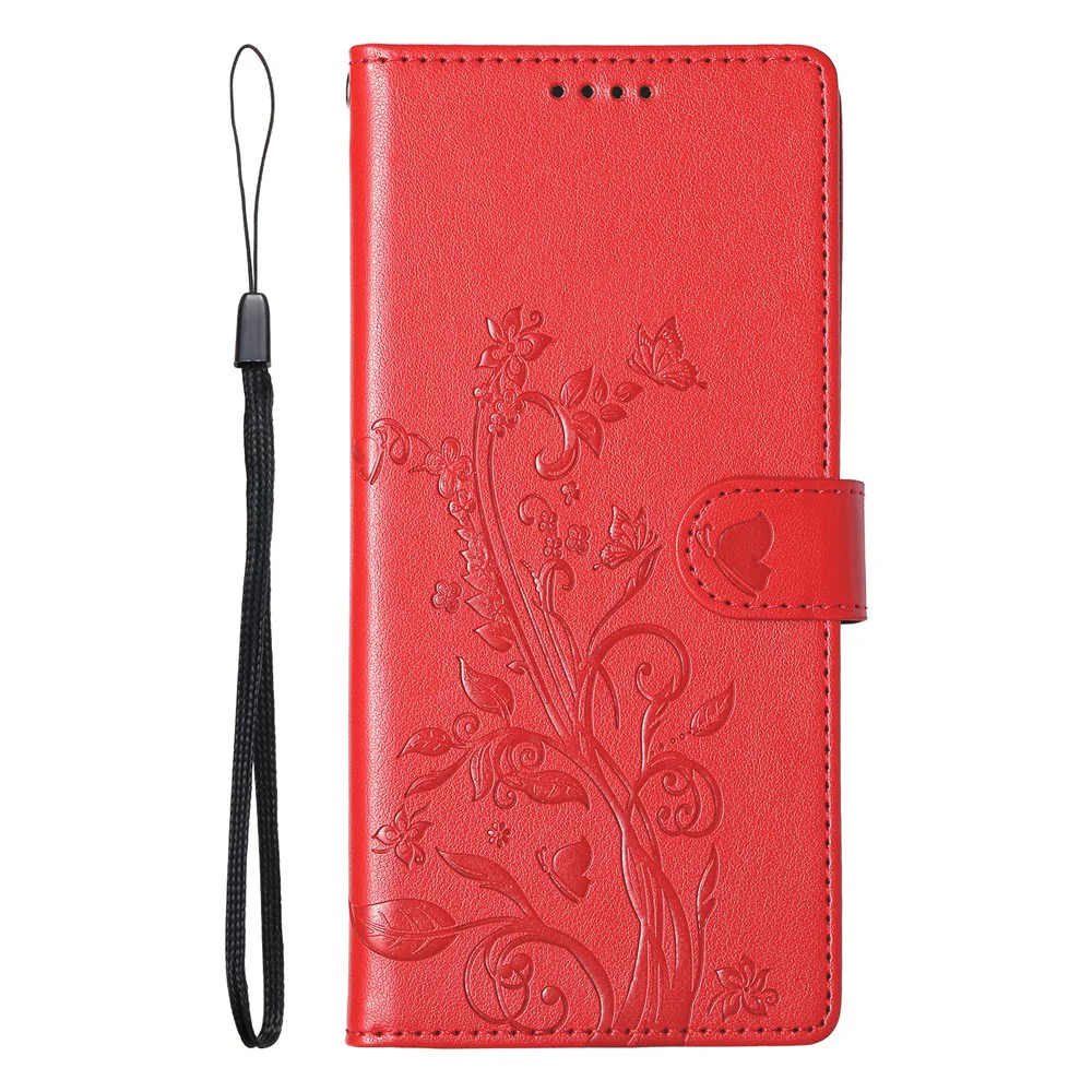 For Oppo Reno14 Pro 5G (Global) Wallet Case Butterfly Floral Imprint PU Leather Phone Cover with Wrist Strap - Red - Image 6