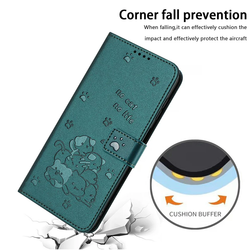 For Oppo Reno14 Pro 5G (Global) Wallet Case Cats Imprint Leather Phone Cover with Strap - Dark Green - Image 5