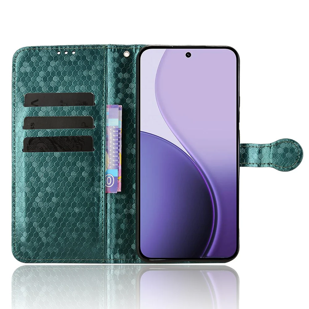 For Oppo Reno14 Pro 5G (Global) Wallet Case Dot Pattern Imprint PU Leather Phone Cover with Wrist Strap - Green - Image 2
