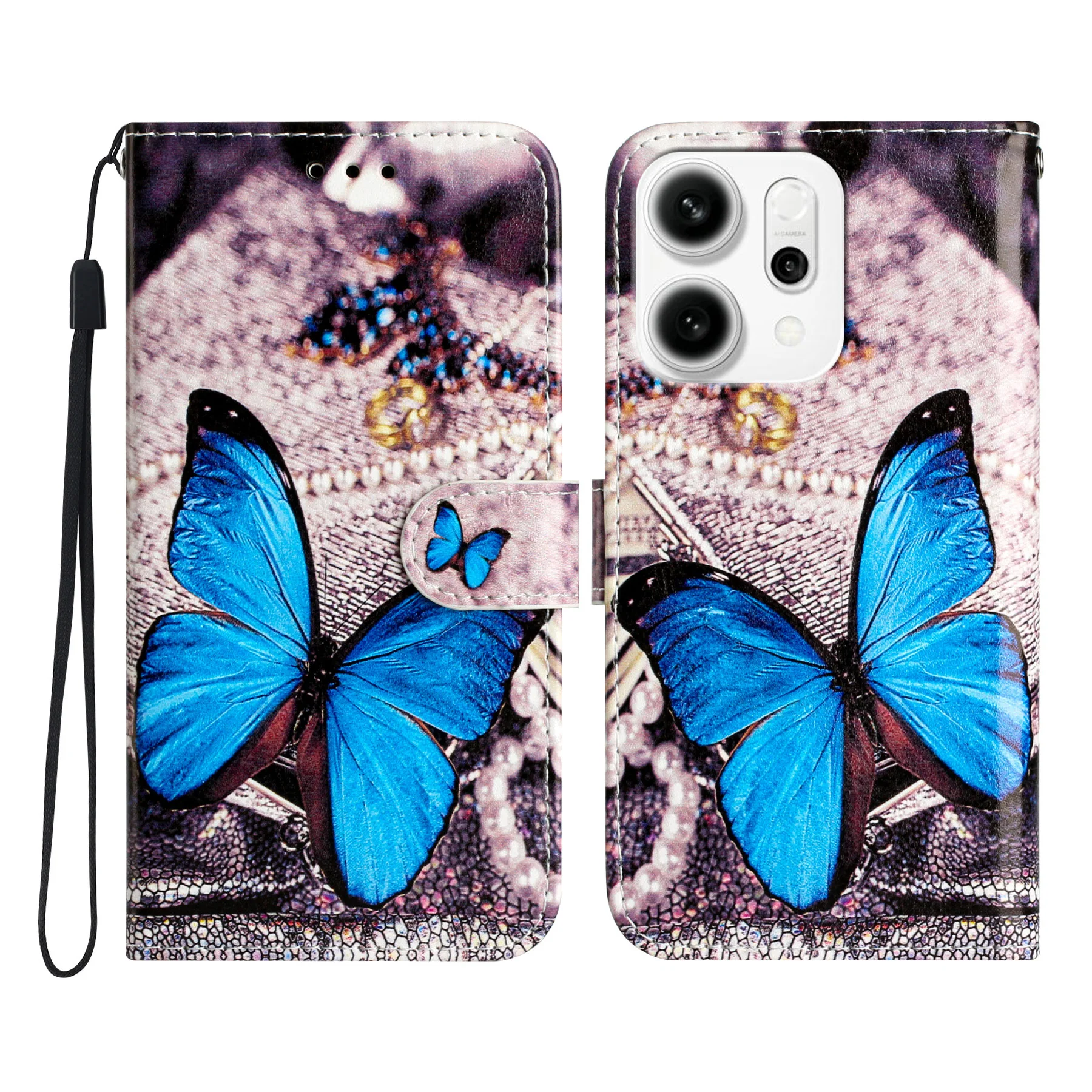 For Oppo Reno14 Pro 5G (Global) Wallet Case Printed Pattern PU Leather Stand Phone Cover with Strap - Blue Butterfly