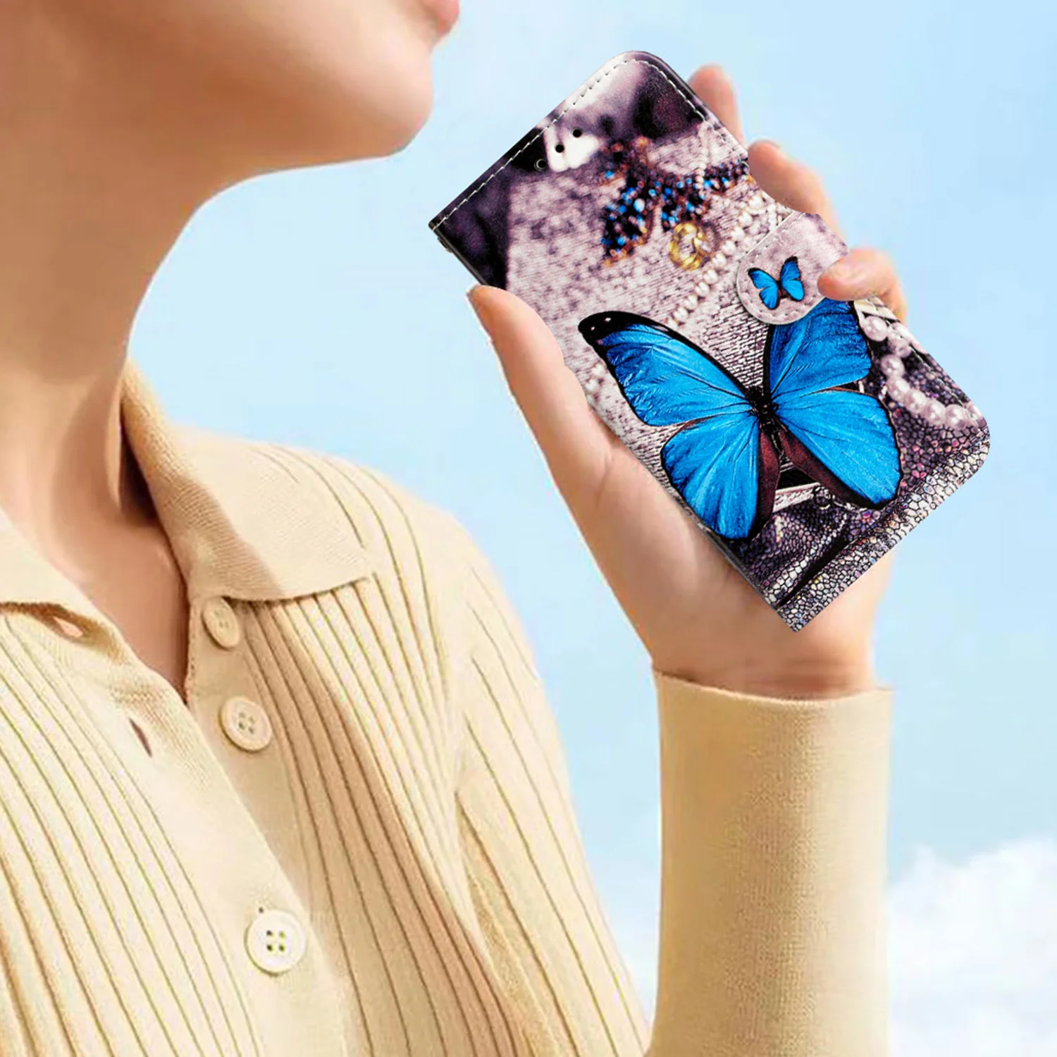 For Oppo Reno14 Pro 5G (Global) Wallet Case Printed Pattern PU Leather Stand Phone Cover with Strap - Blue Butterfly - Image 6