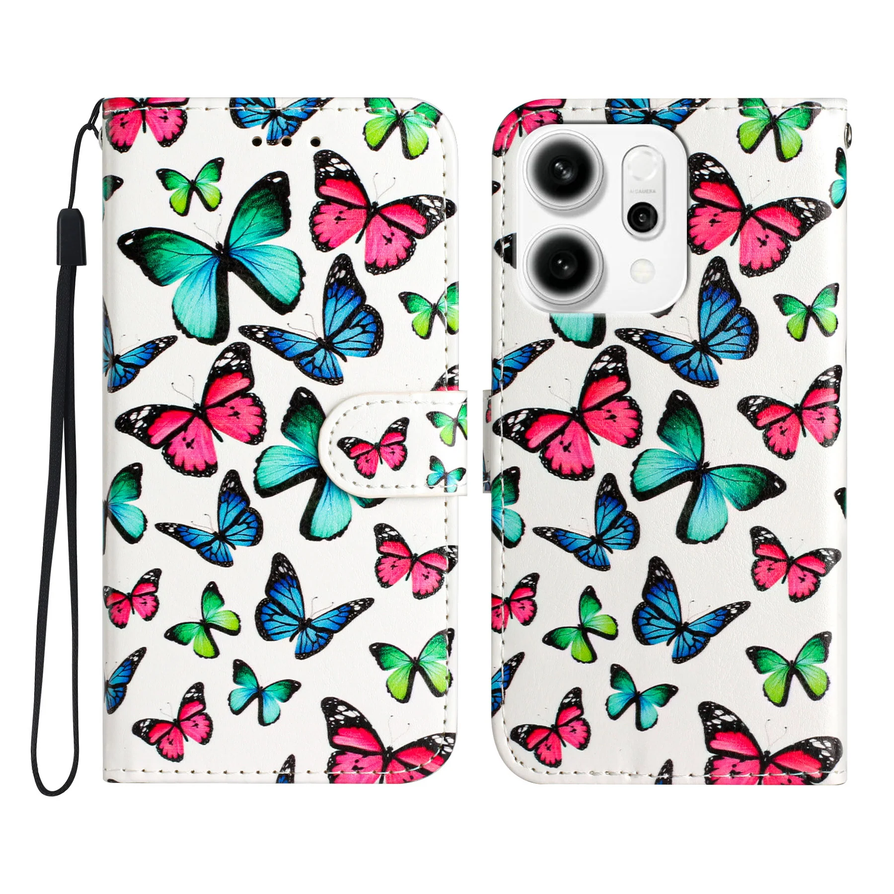 For Oppo Reno14 Pro 5G (Global) Wallet Case Printed Pattern PU Leather Stand Phone Cover with Strap - Butterflies