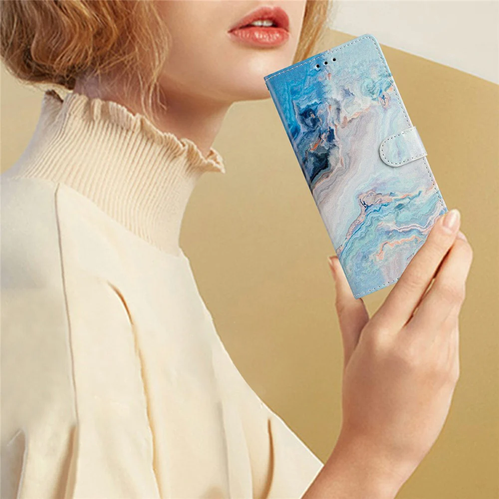 For Oppo Reno14 Pro 5G (Global) Wallet Case PU Leather Pattern Printing Stand Phone Cover with Strap - Blue Marble - Image 5