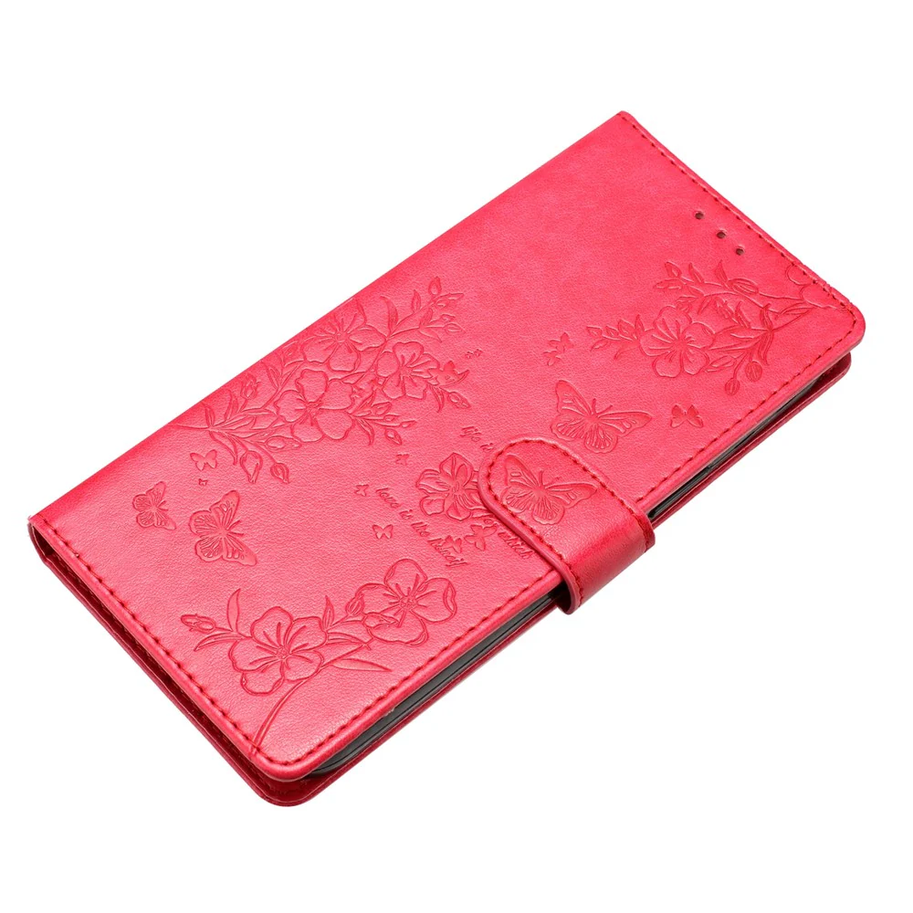 For Oppo Reno14 Pro 5G (Global) Wallet Phone Case Butterfly Floral Imprint Leather Flip Cover with Strap - Red - Image 4