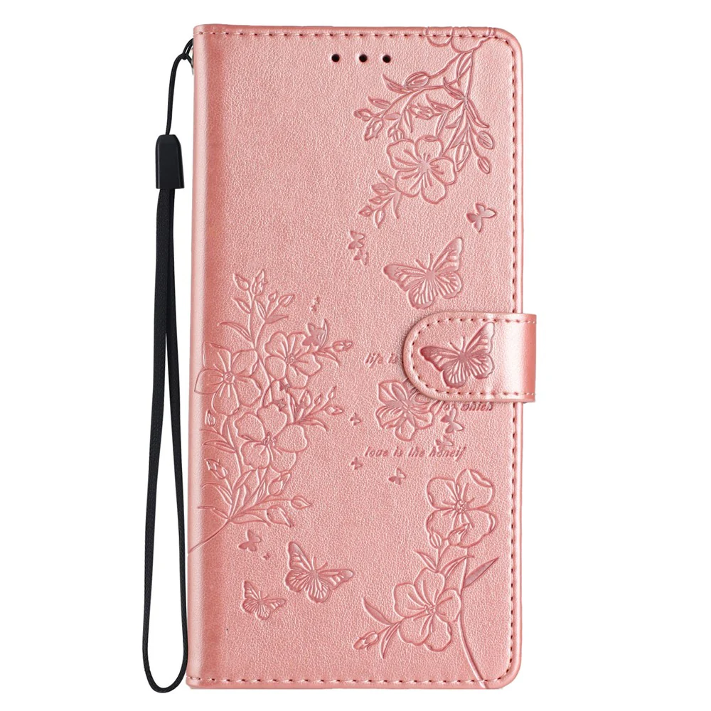 For Oppo Reno14 Pro 5G (Global) Wallet Phone Case Butterfly Floral Imprint Leather Flip Cover with Strap - Rose Gold - Image 6