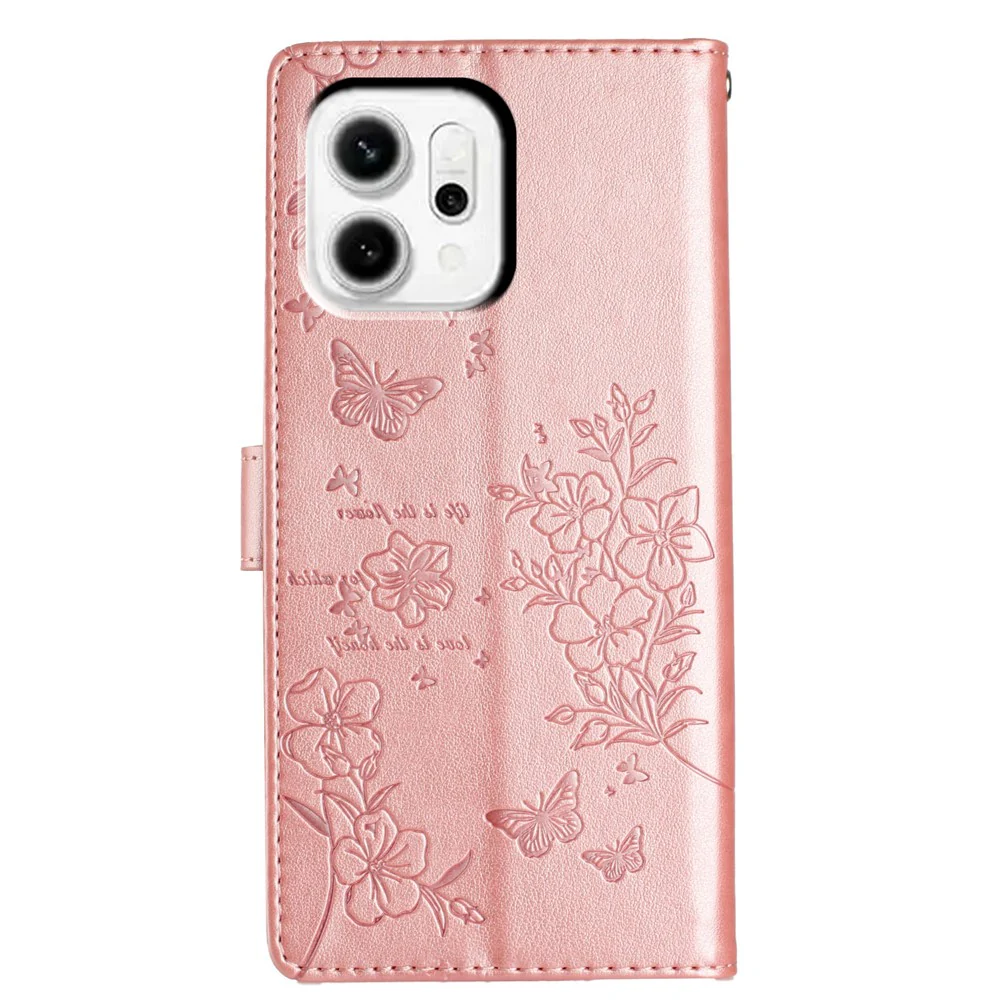For Oppo Reno14 Pro 5G (Global) Wallet Phone Case Butterfly Floral Imprint Leather Flip Cover with Strap - Rose Gold - Image 7