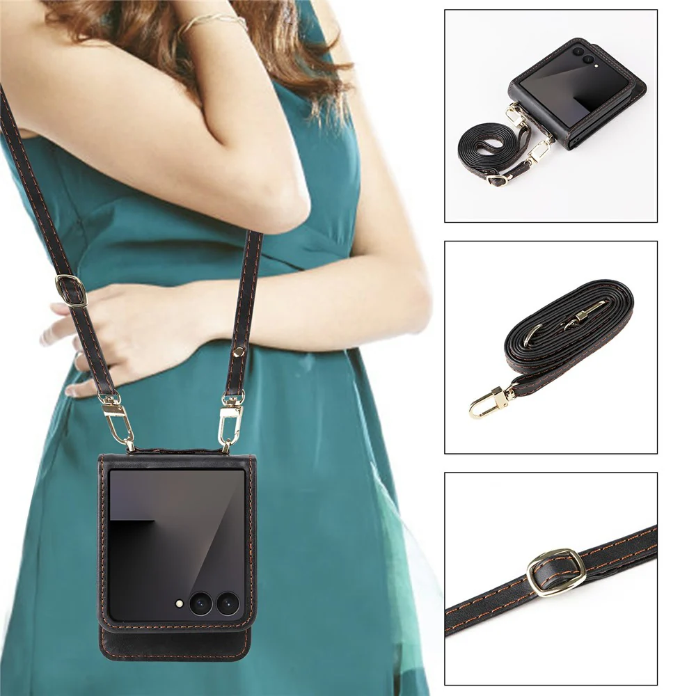 For Samsung Galaxy Z Flip7 5 Case Card Slots Leather Phone Cover with Lanyard - Black - Image 8