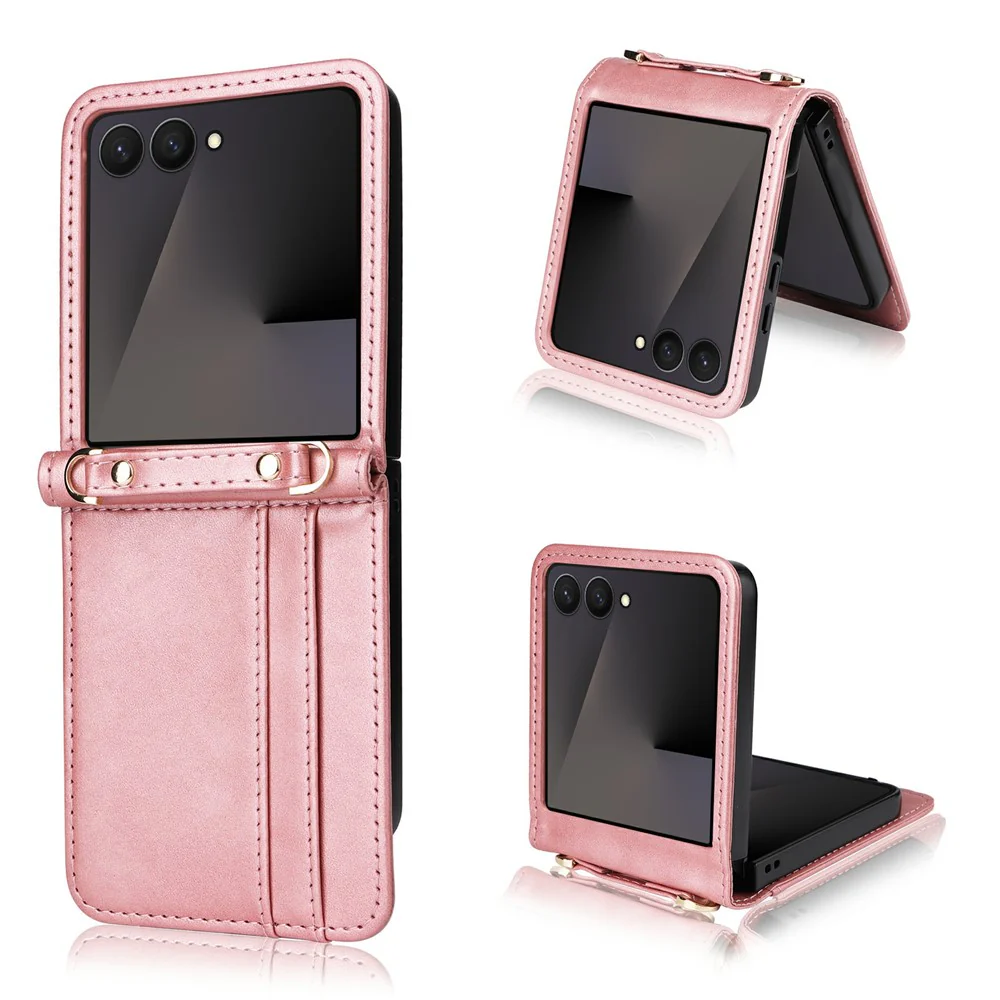 For Samsung Galaxy Z Flip7 5 Case Card Slots Leather Phone Cover with Lanyard - Pink