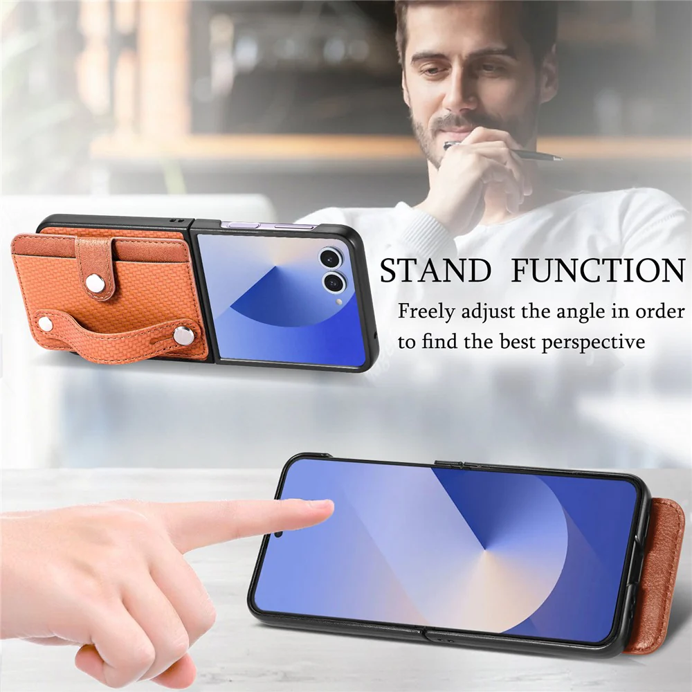 For Samsung Galaxy Z Flip7 5G Case Carbon Fiber Texture Leather Phone Back Cover with Card Holder - Brown - Image 6