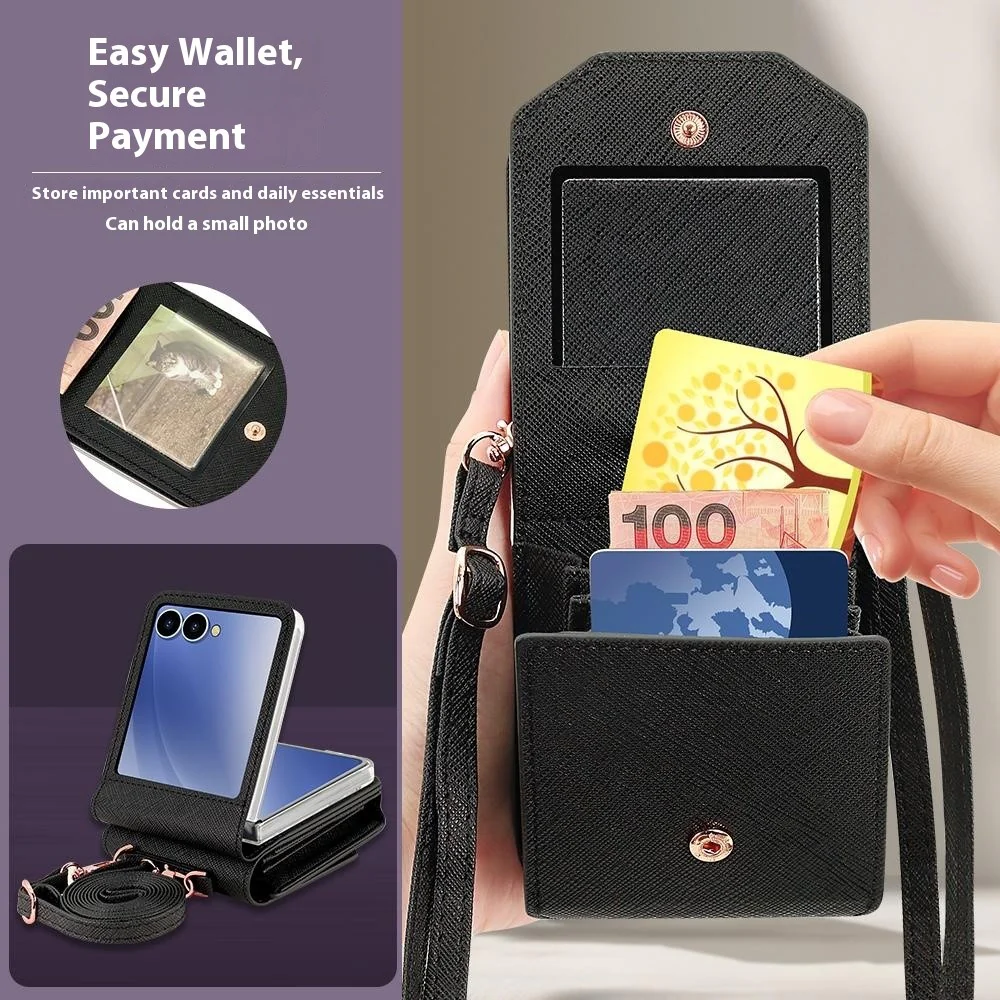 For Samsung Galaxy Z Flip7 5G Case Card Bag Kickstand PU Leather PC Phone Cover with Strap - Black - Image 3