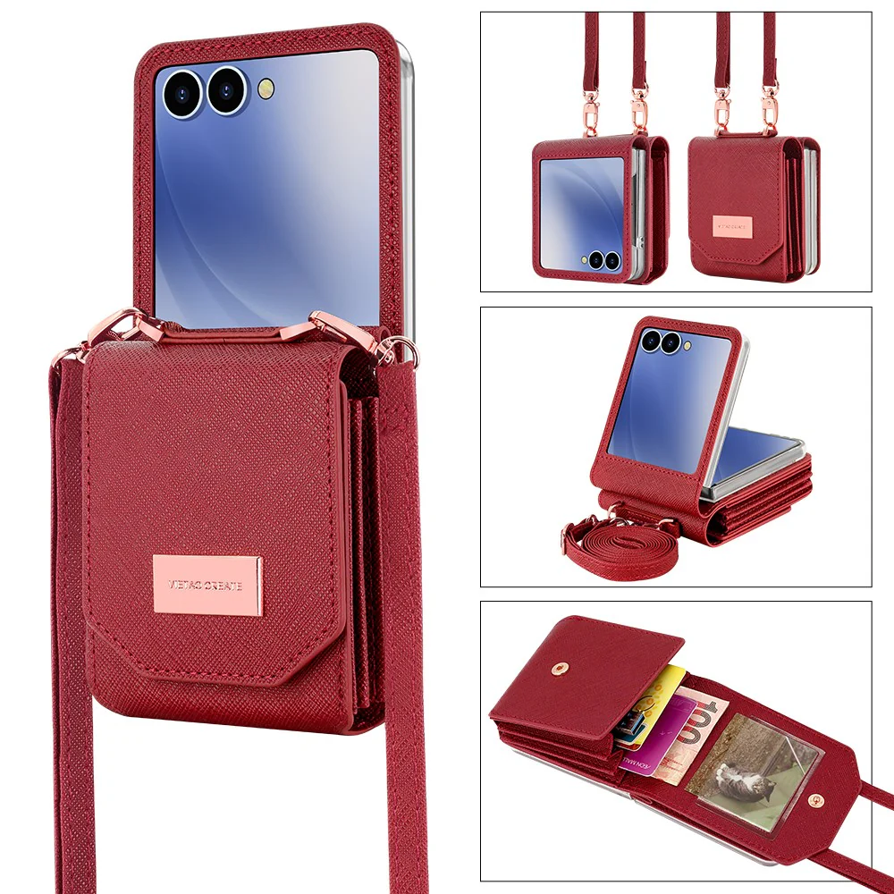 For Samsung Galaxy Z Flip7 5G Case Card Bag Kickstand PU Leather PC Phone Cover with Strap - Red
