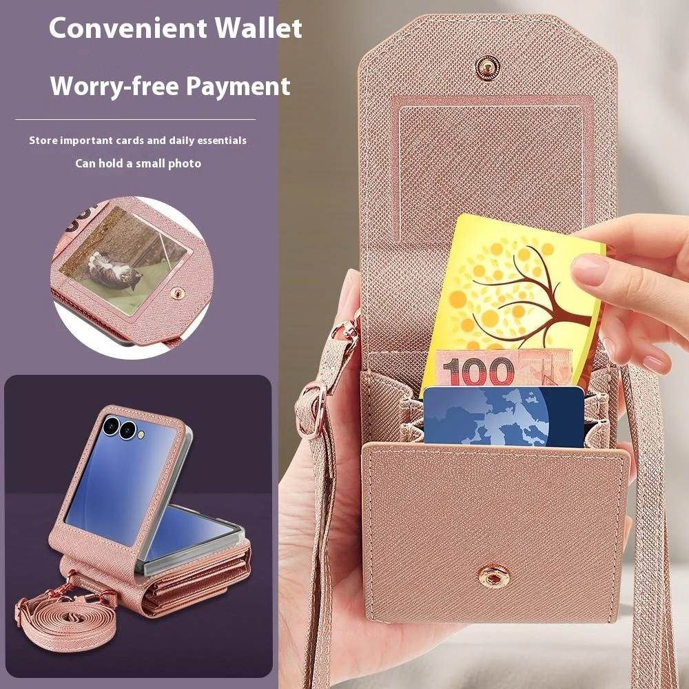 For Samsung Galaxy Z Flip7 5G Case Card Bag Kickstand PU Leather PC Phone Cover with Strap - Rose Gold - Image 3
