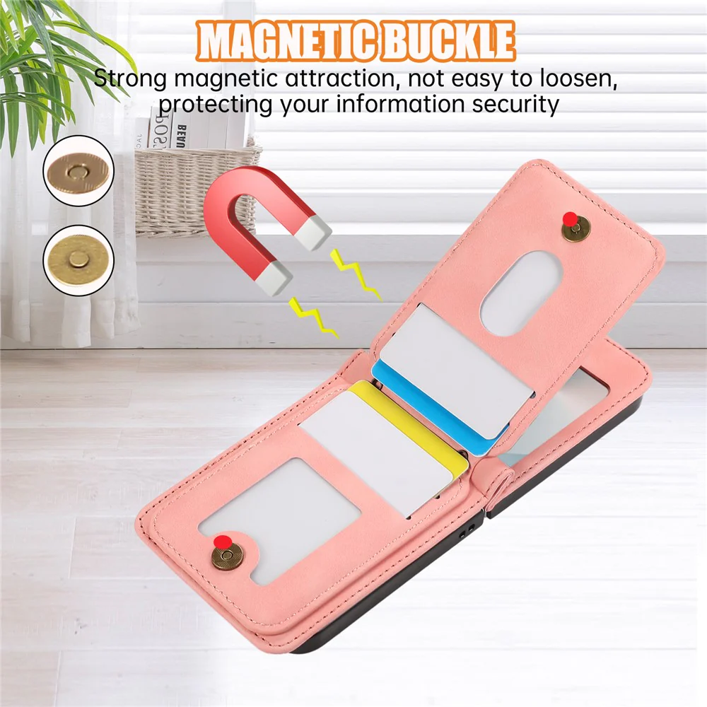 For Samsung Galaxy Z Flip7 5G Case Card Holder Kickstand Leather + TPU Phone Cover with Shoulder Strap - Pink - Image 4