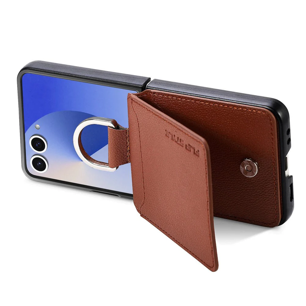 For Samsung Galaxy Z Flip7 5G Case Card Holder Kickstand PU + PC Phone Cover with Finger Ring - Brown - Image 5
