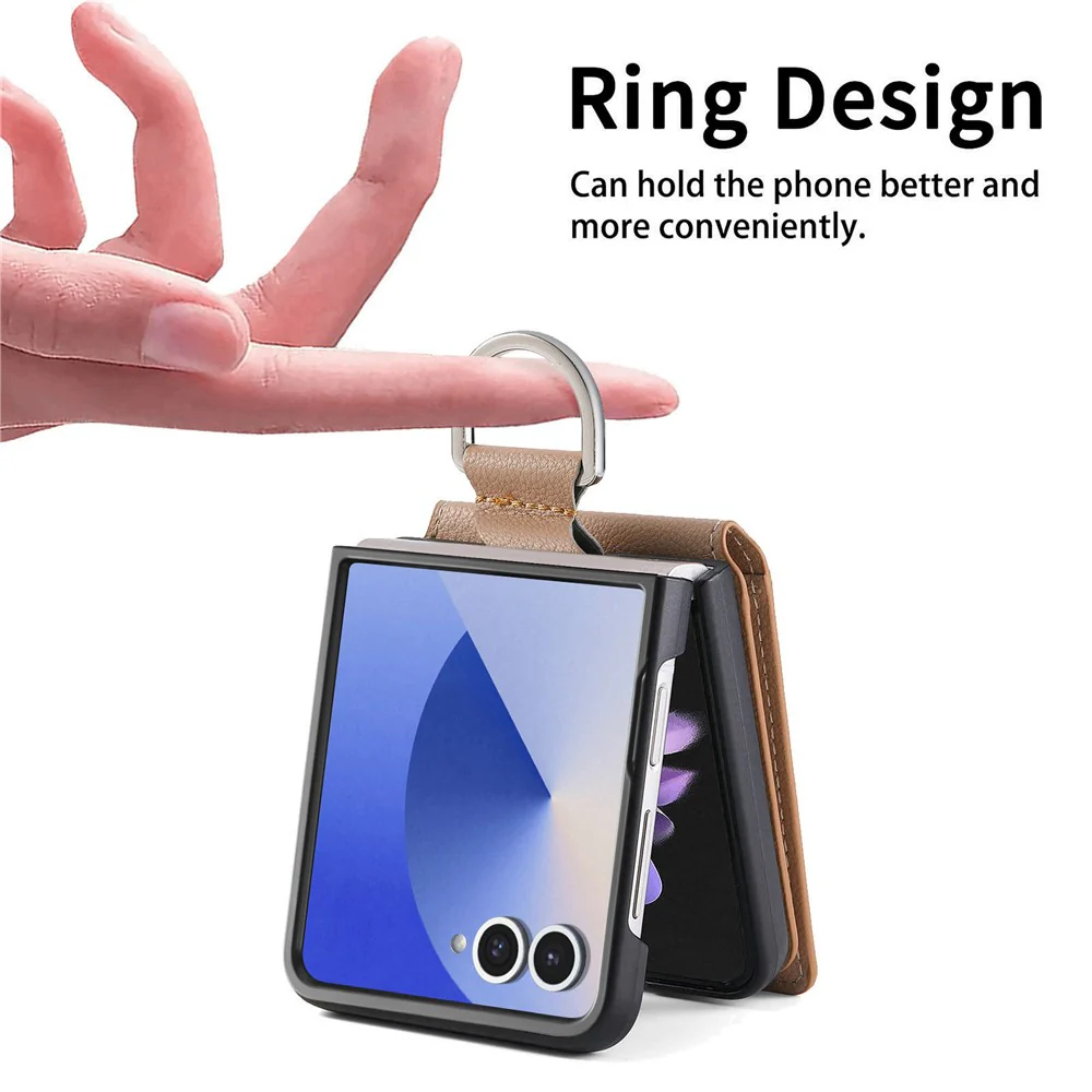 For Samsung Galaxy Z Flip7 5G Case Card Holder Kickstand PU + PC Phone Cover with Finger Ring - Khaki - Image 6