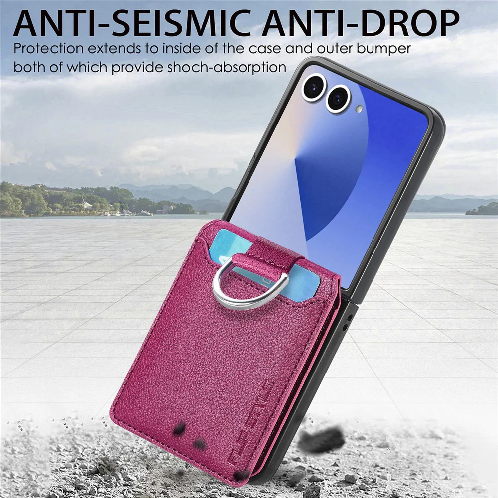 For Samsung Galaxy Z Flip7 5G Case Card Holder Kickstand PU + PC Phone Cover with Finger Ring - Purple - Image 7