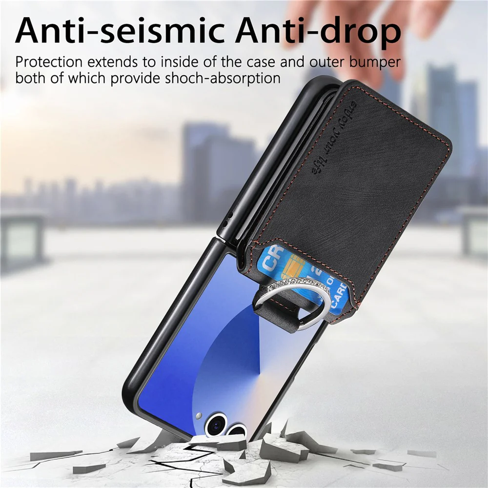 For Samsung Galaxy Z Flip7 5G Case Card Holder Kickstand Retro Texture Leather Back Cover - Black - Image 8