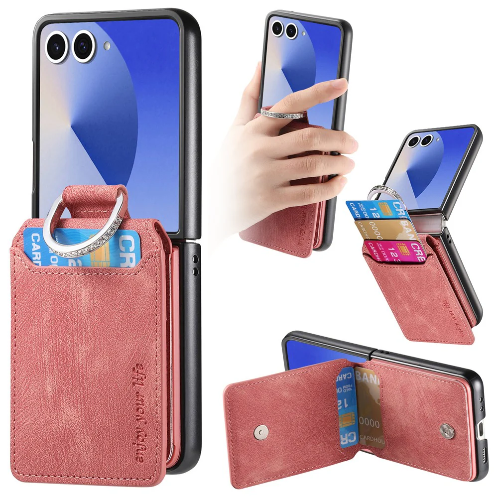 For Samsung Galaxy Z Flip7 5G Case Card Holder Kickstand Retro Texture Leather Back Cover - Pink