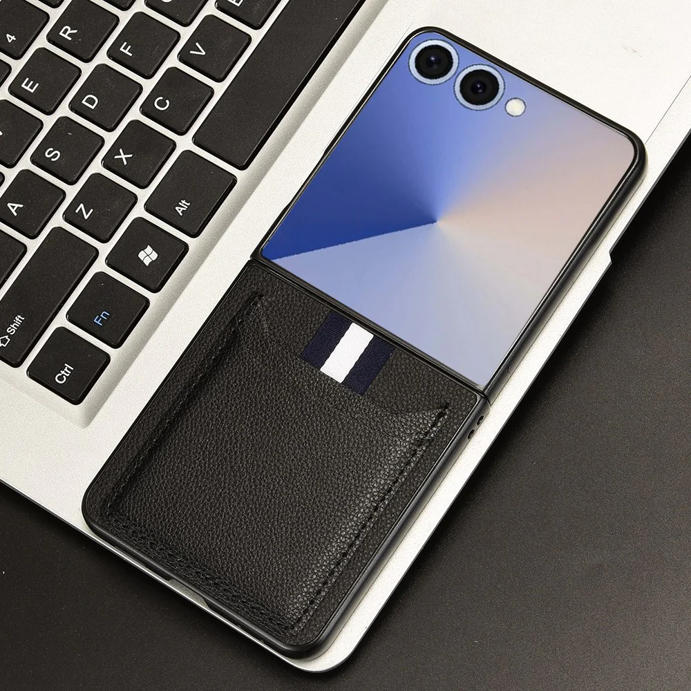 For Samsung Galaxy Z Flip7 5G Case Card Holder Litchi Texture Leather + PC Phone Cover - Black - Image 6