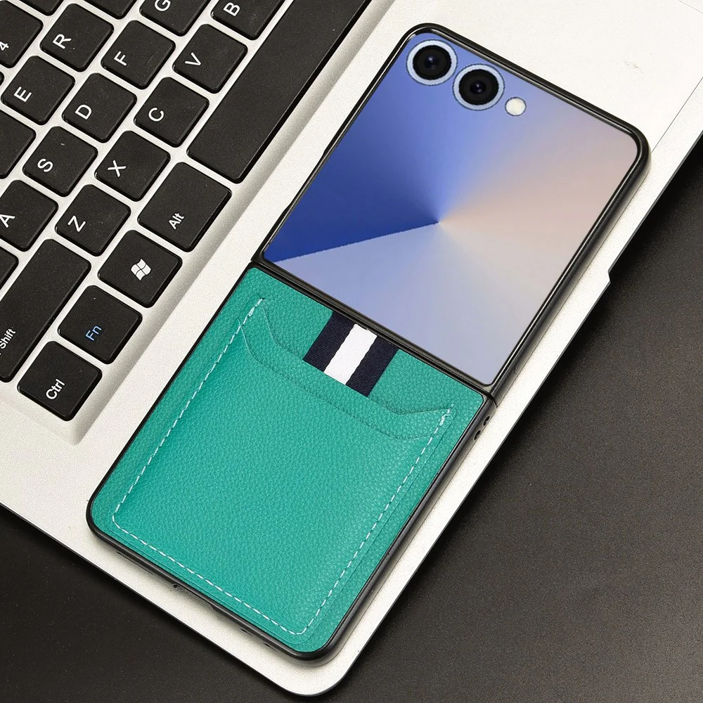 For Samsung Galaxy Z Flip7 5G Case Card Holder Litchi Texture Leather + PC Phone Cover - Green - Image 6