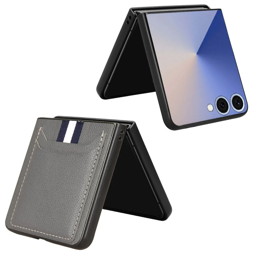 For Samsung Galaxy Z Flip7 5G Case Card Holder Litchi Texture Leather + PC Phone Cover - Grey - Image 3