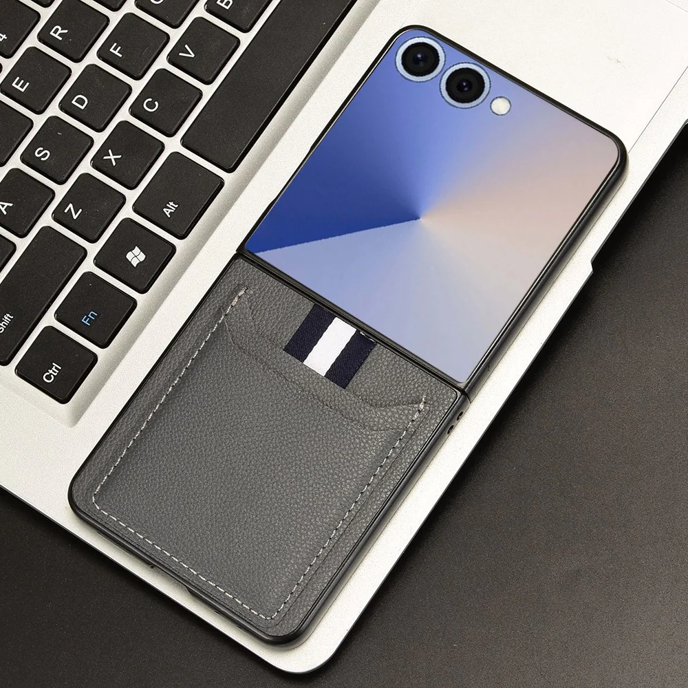 For Samsung Galaxy Z Flip7 5G Case Card Holder Litchi Texture Leather + PC Phone Cover - Grey - Image 6